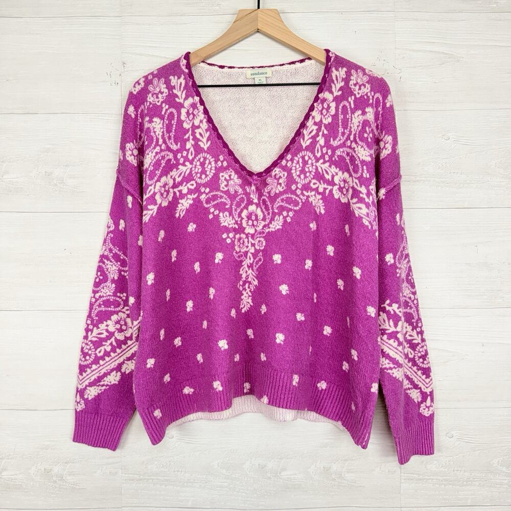 Sundance V-Neck Pullover Sweater Size L Petite Pink Boho Chic Paisley Floral